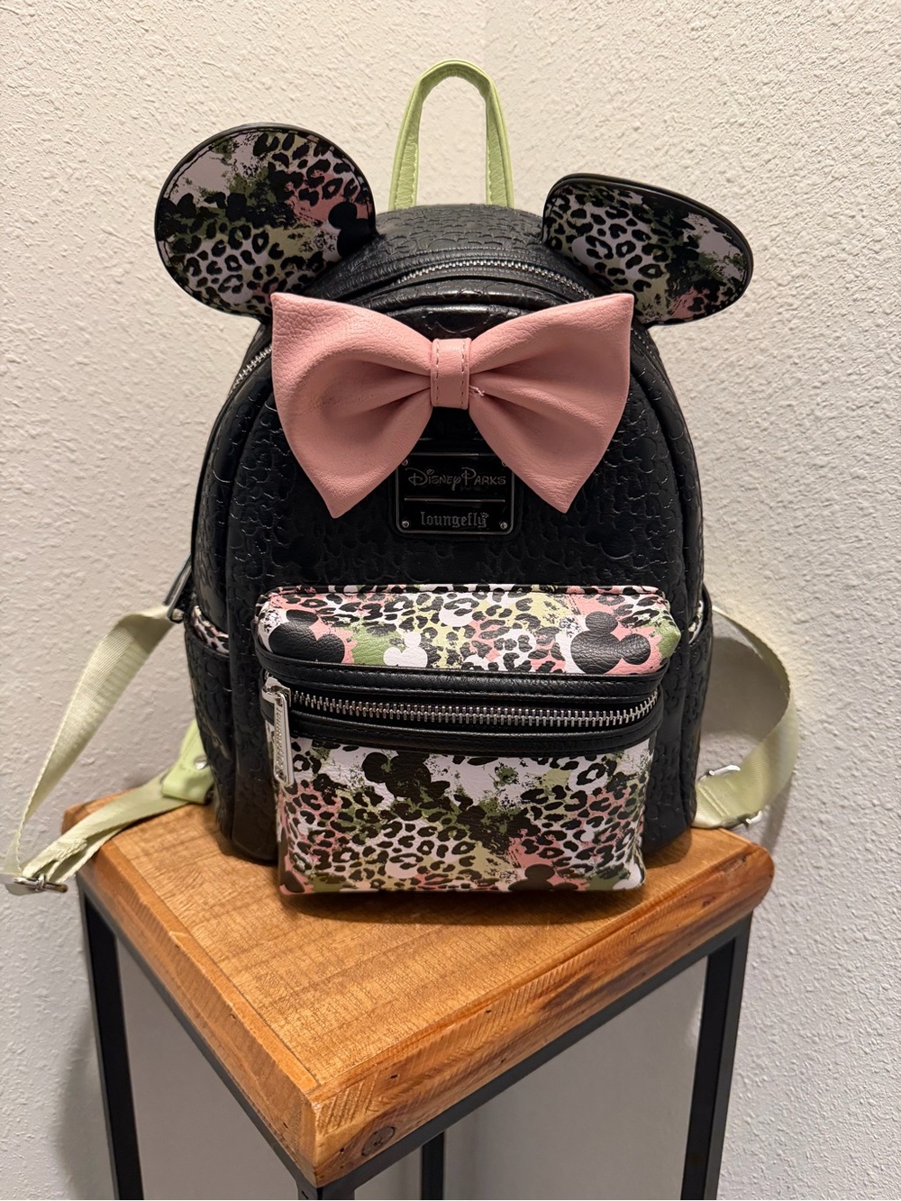 Loungefly Black Animal Print Backpack with Pink Bow and Green Accents